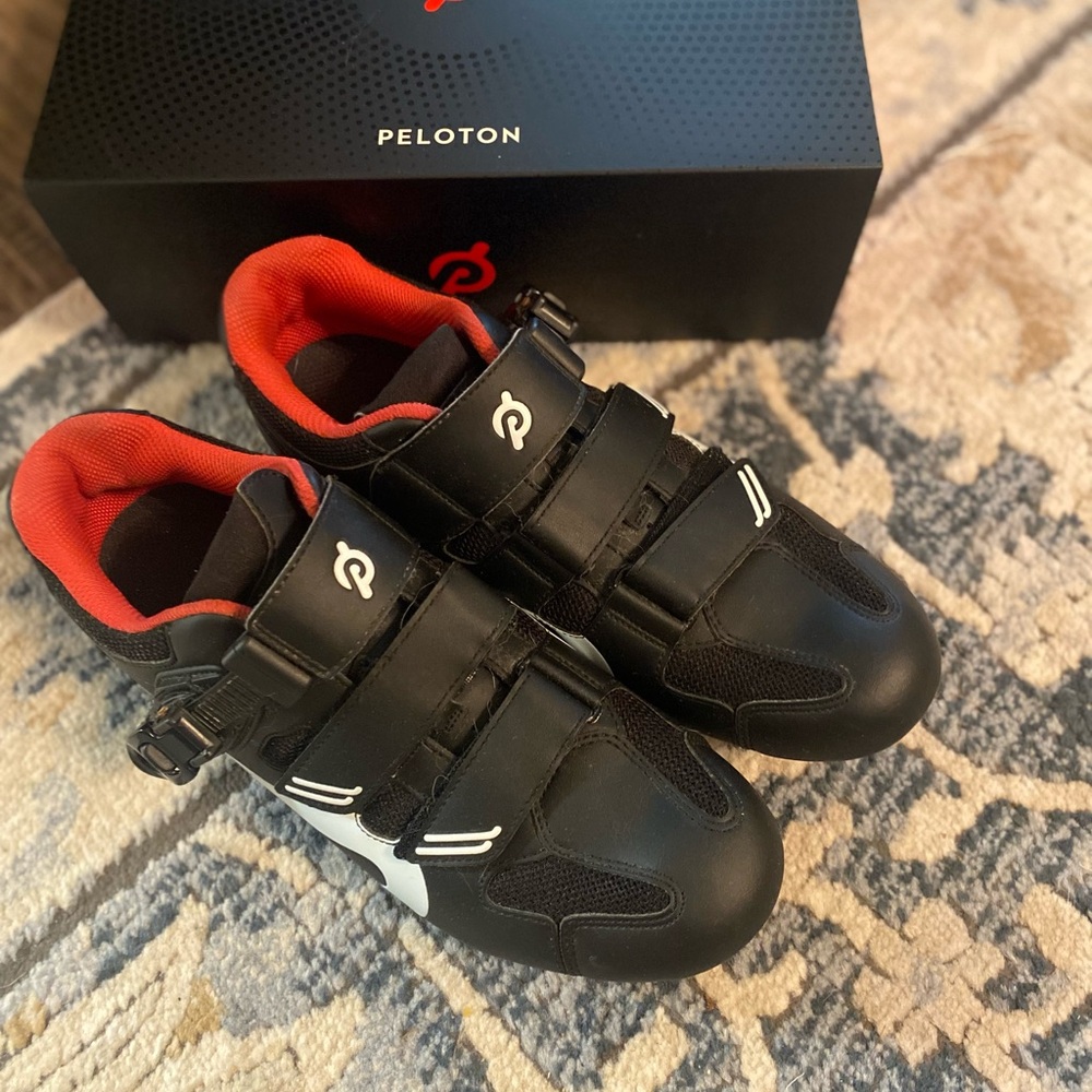 Peloton Black Cycling Shoes with Red Interior- clips included